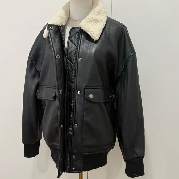 Hudson Womens Oversized Faux Leather Bomber Jacket Medium Black Shearling Edgy - Picture 9 of 15